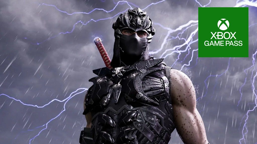 Ninja Gaiden 4 screenshot showing close up of ninja character in the rain with Xbox Game Pass logo in green square