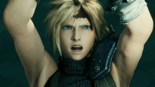 Close up of Cloud in Final Fantasy 7 raising his arms above his head