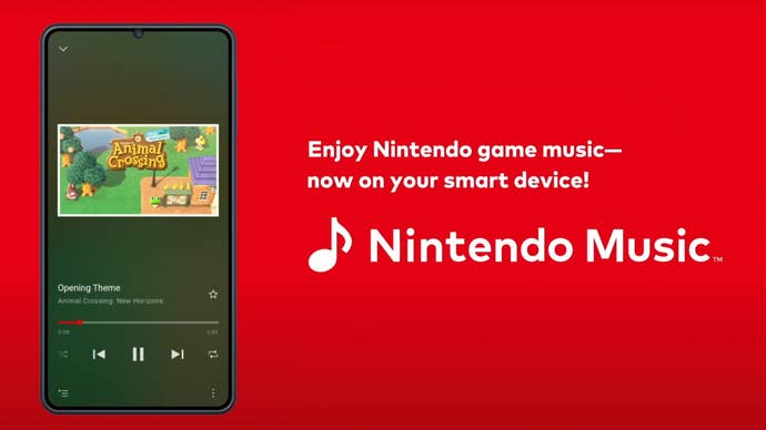 Promotional image for the Nintendo Music streaming app, showing a smartphone playing a song from Animal Crossing on the app.