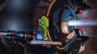 A No Man's Sky screenshot showing a Corvette spaceship decorated with Homer Simpson's vacantly beaming face approaching an enormous space station.