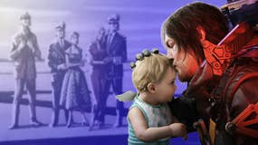 Sam Porter Bridges kisses a baby, in the background a blue-washed image of a bunch of sailors standing on a beach