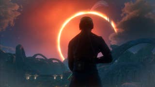 A character stands facing an orange-glowing eclipse and is silhouetted against it.