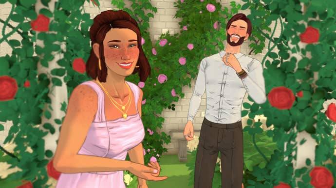 Paralives screenshot showing a couple laughing in a garden full of flowers