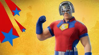 Close up of Peacemaker superhero character in Fortnite on yellow background with red and blue stars