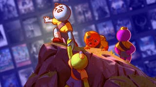 Characters from Peak help each other up a mountain, in the background, a blurred out Steam library.