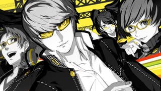 Artwork for Persona 4 showing black and white anime characters on yellow background