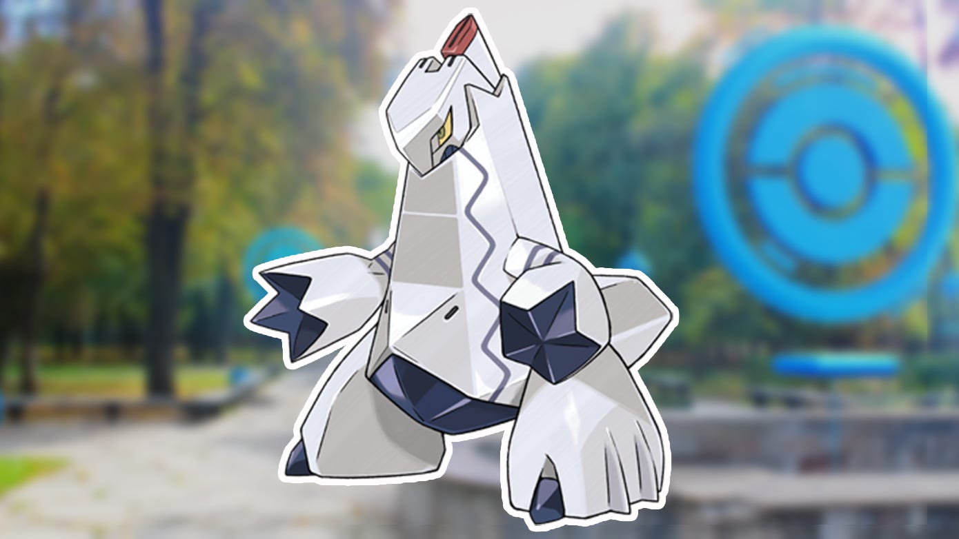 Duraludon, a grey tower-like Pokémon, on a background from Pokémon Go.