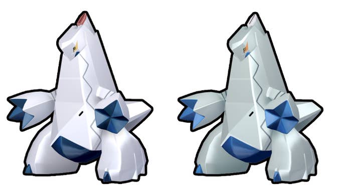 The traditional version of Duraludon next to the shiny version of Duraludon.