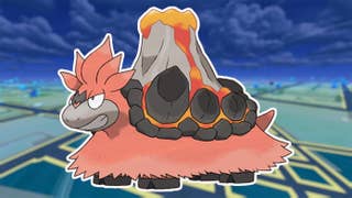 Mega Camerupt, the Mega Evolution for Camerupt, on a night in Pokémon Go background.