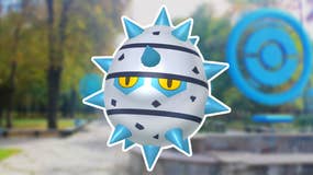 A picture of shiny Ferroseed on a Pokémon Go background.