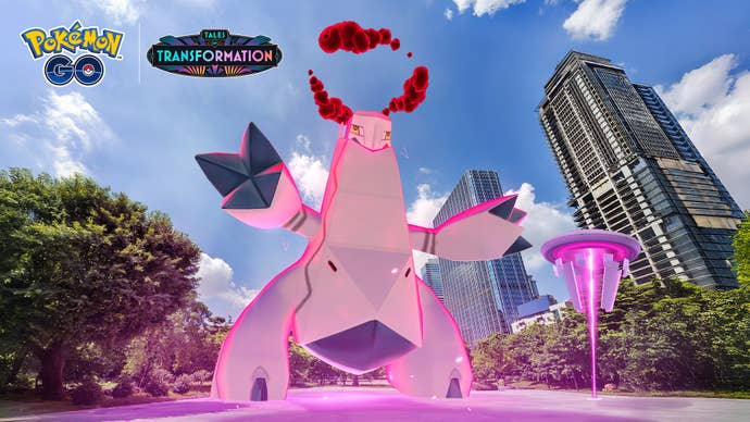 The header image for the Steel Skyline event in Pokémon Go, with an image of Dynamax Duraludon.