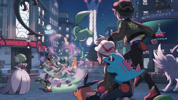 Pokémon Legends Z-A cover art featuring the game’s main characters and their partner Pokémon battling a Mega-Evolved Pokémon at night in Lumiose City.