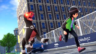 Pokémon Legends: Z-A official image showing you the trainer getting chased by an Alpha Houndoom