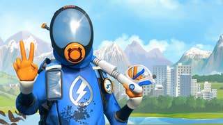 Artwork for Powerwash Simulator 2 showing character in hazmat suit holding up two fingers