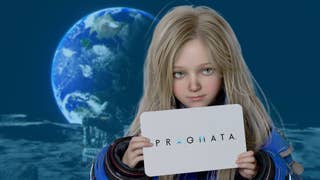 Diana, a young blonde android with blue eyes, holds up a sign that says Pragmata over a moon-side view of the earth.
