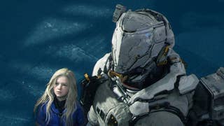 A small blonde android, Diana, and a towering man in a spacesuit, Hugh, as they appear in Pragmata.