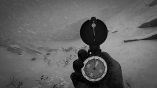 A desaturated black and white screenshot showing a frostbitten hand holding a compass. Clearly someone is trying to find their way in a blizzard and the snow. They won't.