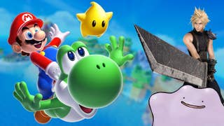 Mario riding Yoshi, Final Fantasy 7 Remake's Cloud showing off his big weapon, and a Ditto Pokémon looking on delightedly.
