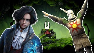 Composite image showing Silksong's Hornet sat on a bench, Pinocchio from Lies of P, and a Dark Souls Sunbro Praise-the-sunning.