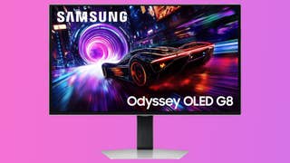 Samsung Odyssey OLED G8 gaming monitor on a gradient background