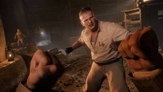 A first person view of Indiana Jones blocking a punch from a towering Nazi