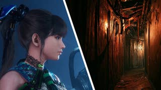 Stellar Blade's Eve is on the left, while on the right is a rusty-coloured, dilapidated corridor