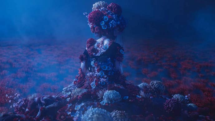 screenshot from Silent Hill f trailer showing a young girl covered in flowers