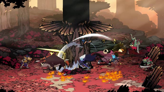 Official Absolum screenshot showing combat in an autumnal woods