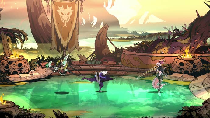 Official Absolum screenshot showing an emerald green floor in murky woods