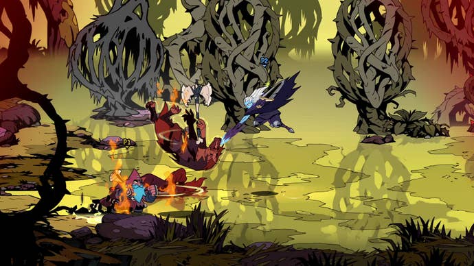 Official Absolum screenshot showing combat in a sickly green swamp