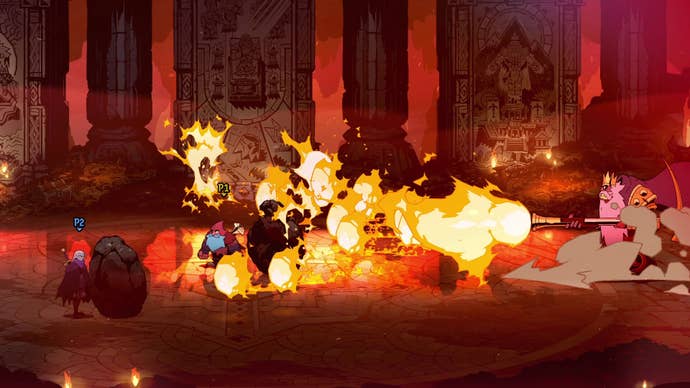 Official Absolum screenshot showing combat amongst bright flames and a red environment