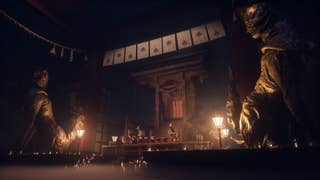 A grand shrine with two dog statues either side of it is shown in Silent Hill f