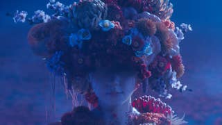 Screenshot from Silent Hill f announcement trailer showing a young girl with flowers blooming all over her head and body. She is crying