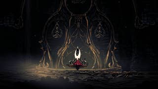 Hornet sits on a Bench in Blasted Steps in Hollow Knight: Silksong