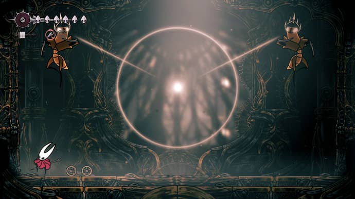 The Cogwork Dancers gear up for their combined attack  in Hollow Knight: Silksong