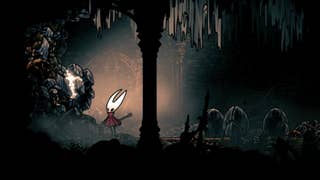 Hornet stands next to some Craftmetal in the Underworks in Hollow Knight: Silksong