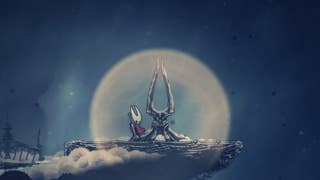 Hornet stands at the altar where the Faydown Cloak is unlocked while playing the Needolin in Mount Fay in Hollow Knight: Silksong