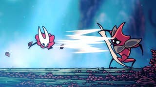 Silksong header image showing Hornet zipping away from a beetle-like enemy with a sword