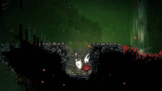 Hornet stands beside a hidden Mask Shard in Far Fields in Hollow Knight: Silksong