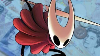 The iconic, curved white head and red-caped - and spindly black limbed - image of Hornet from Hollow Knight Silksong. They are superimposed on a background of English money.