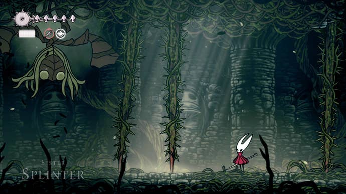 Hornet stands beside some thorn barriers summoned by Shellwood's Sister Splinter in Hollow Knight: Silksong