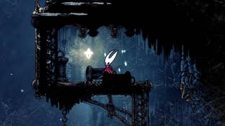 Hornet stands beside a Spool Fragment in The Slab's exterior in Hollow Knight: Silksong