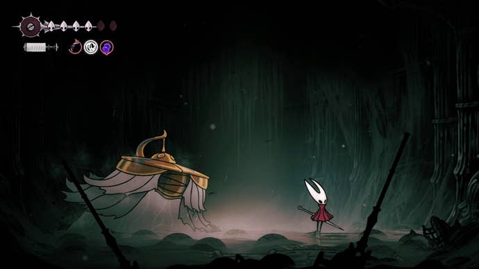 Hornet dashes from the Unravelled's charge attack in Hollow Knight: Silksong