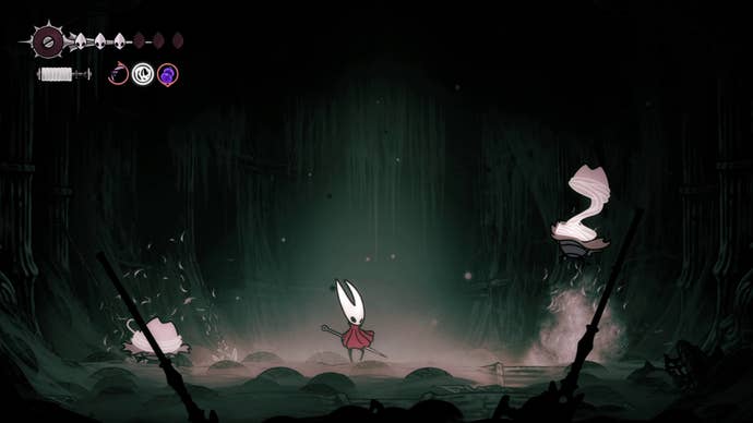 Hornet stands between two Dregwheel enemies during the Unravelled fight in Hollow Knight: Silksong
