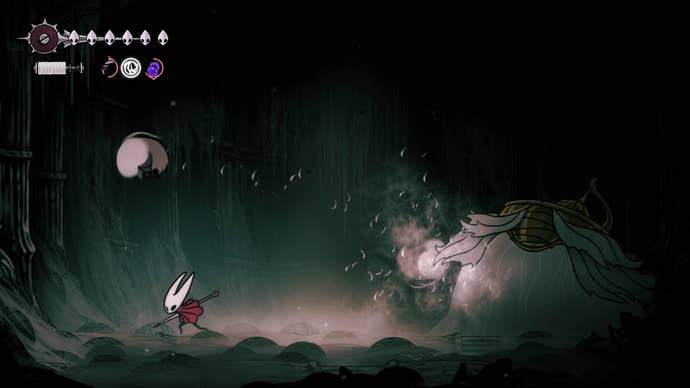 Hornet avoids the Unravelled's husk projectiles in Hollow Knight: Silksong