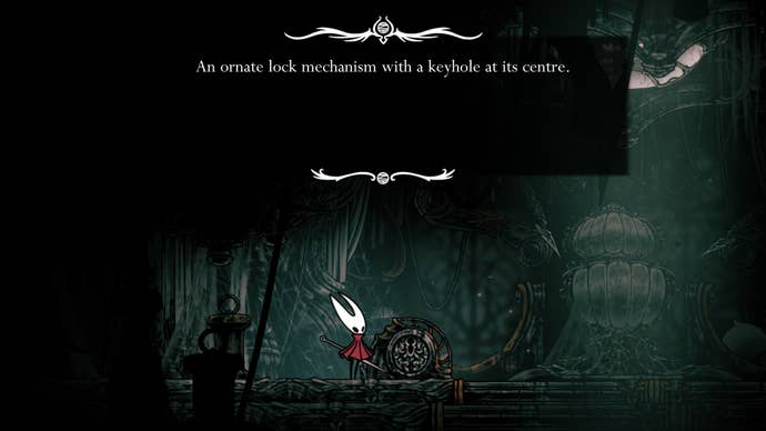 Hornet interacts with Whiteward's ornate lock in Hollow Knight: Silksong