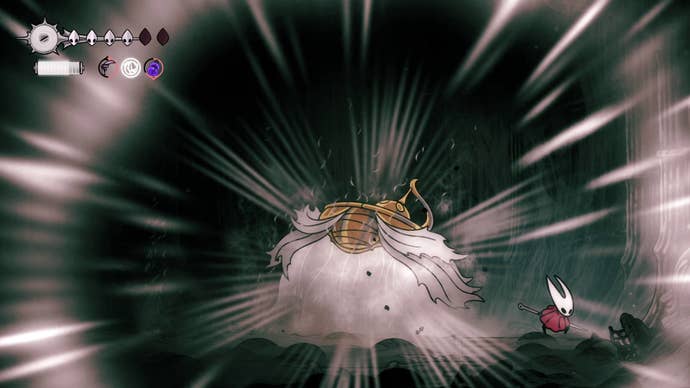 Hornet dashes away from the Unravelled as it roars in Hollow Knight: Silksong