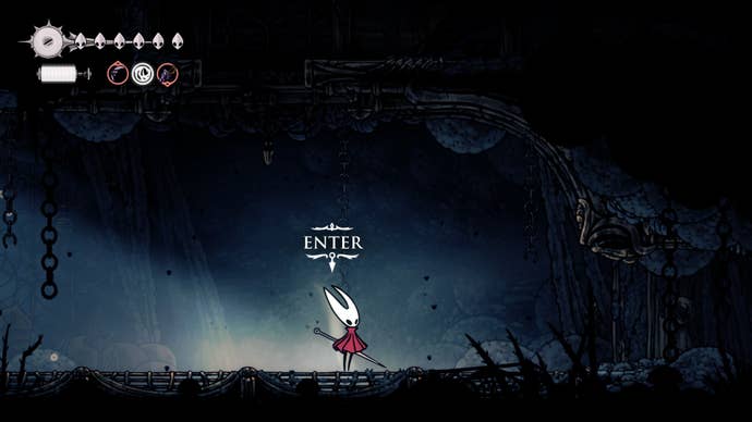 Hornet stands outside of the entrance to the Wailing Mother's - the Broodmother's - arena in Hollow Knight: Silksong