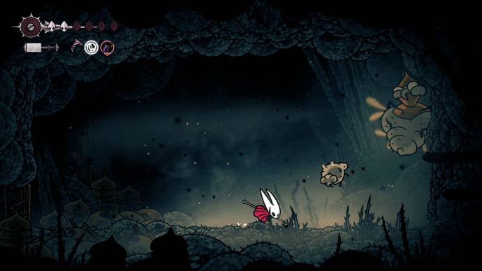Hornet dashes beneath a Freshfly and the Broodmother in Hollow Knight: Silksong