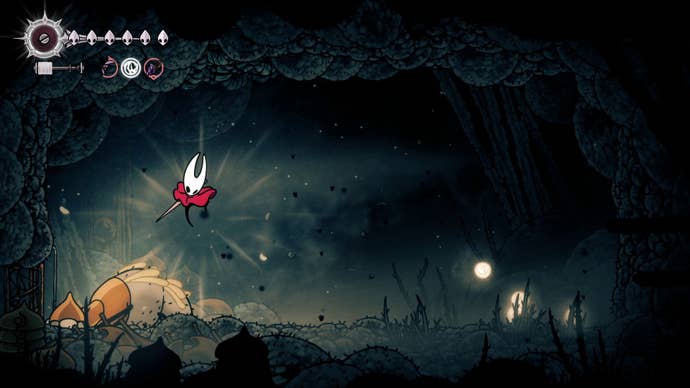 Hornet goes to pogo off the Broodmother in Hollow Knight: Silksong